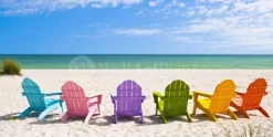 Rainbow Chairs On A Sunny Beach